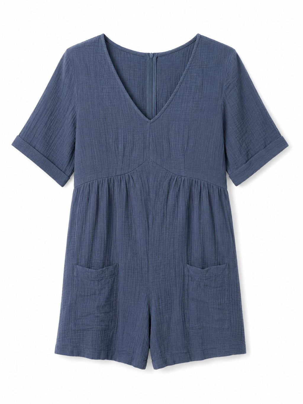 Cupshe Romper, Blue Cotton Gauze Fabric, Front Pockets.  Size XL NWT