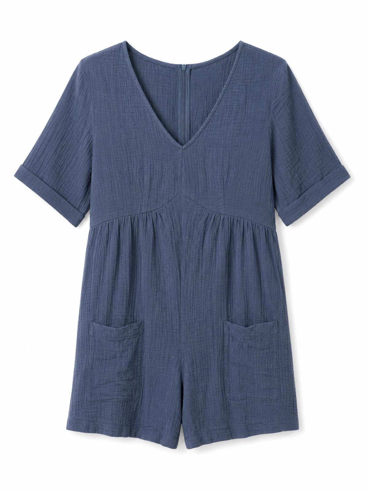 Cupshe Romper, Blue Cotton Gauze Fabric, Front Pockets.  Size XL NWT