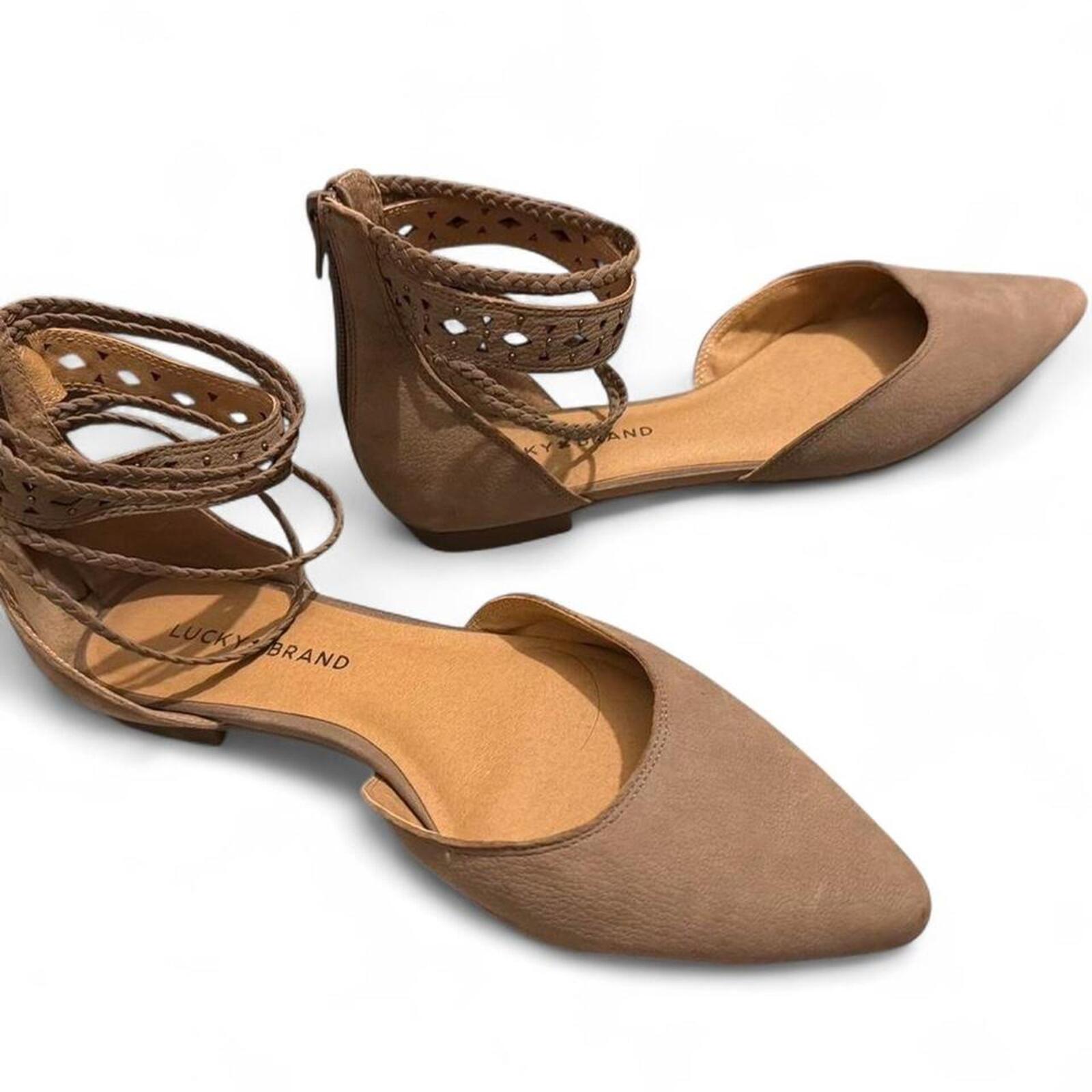 Lucky Brand Tan Flats with Ankle Straps and Zipper Along the Back.  Size 9