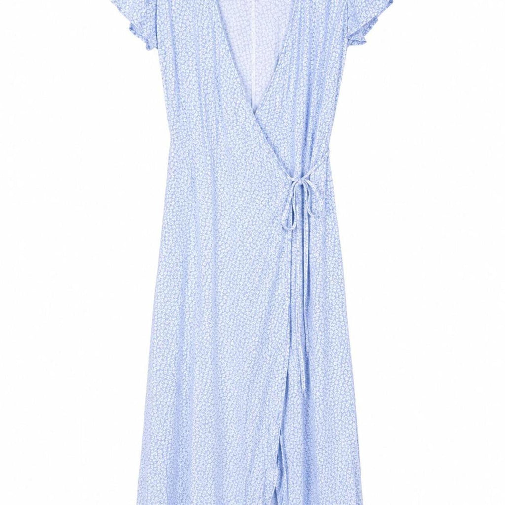 Brandy Melville Blue Midi Wrap Dress with Delicate Floral Print, Size 8, EUC