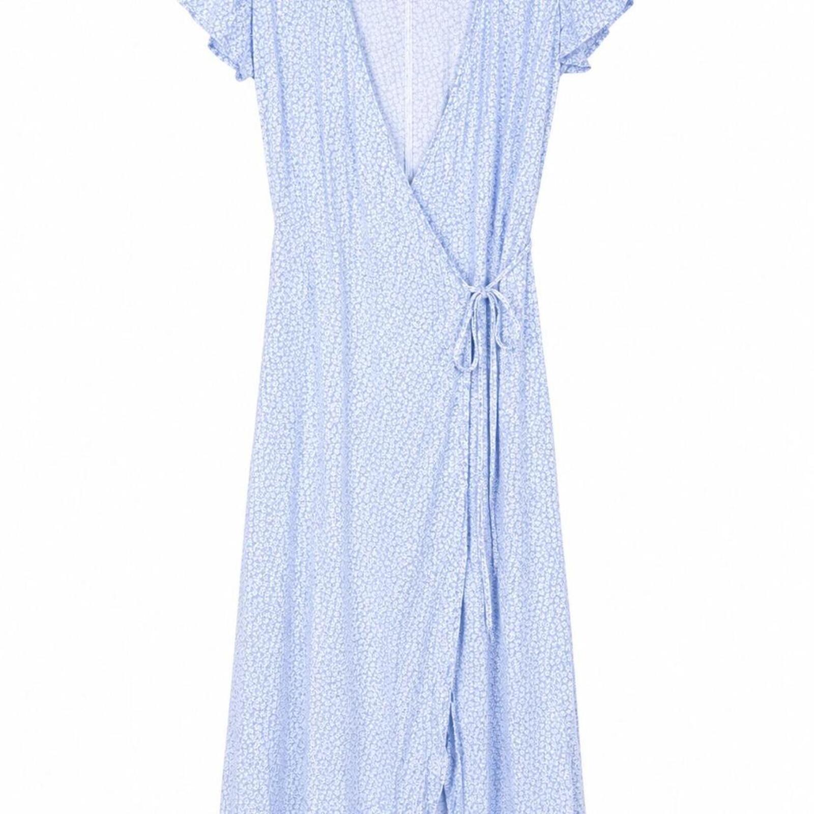 Brandy Melville Blue Midi Wrap Dress with Delicate Floral Print, Size 8, EUC